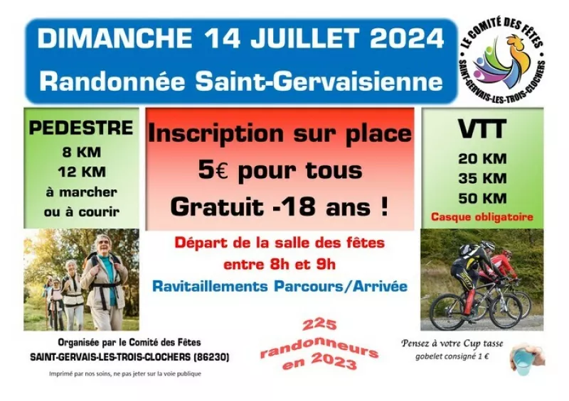 Le Comité des Fêtes de Saint-Gervais-les-3-Clochers Organise Dimanche 14 Juillet Sa Randonnée VTT et Pedestre