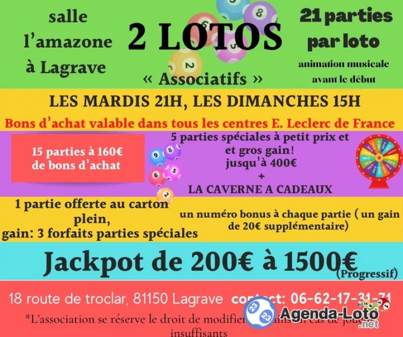 Loto. Associatif Tout les Dimanches 21 Parties