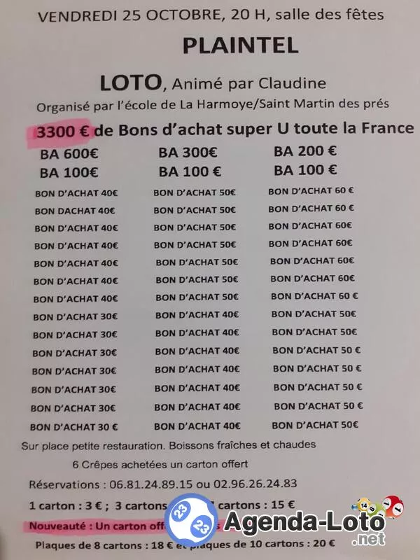 Loto Rpi la Harmoye St Martin Ds Prés Animé par Claudine