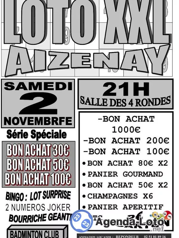 Loto Xxl par Loc'Anim, au Profit du Club Aizenay Badminton