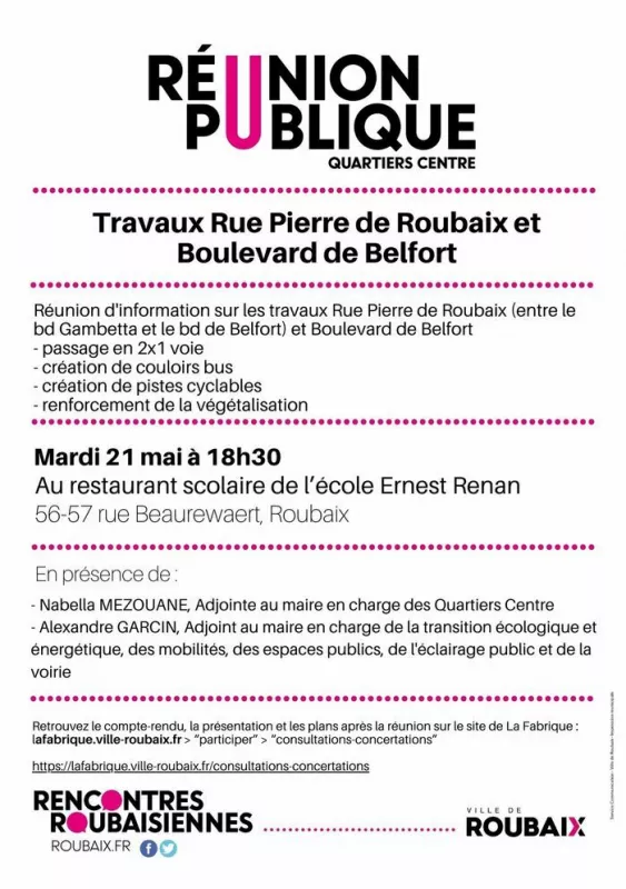 Réunion Publique : Travaux Rue Pierre de Roubaix et Boulevard de Belfort