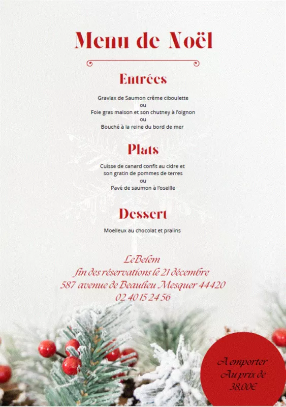 Votre Menu de Noël à Emporter au Belem