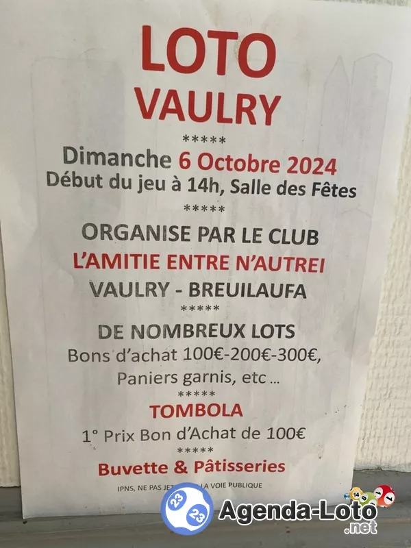 Loto Vaulry Organise par L’amitié entre Nautrei