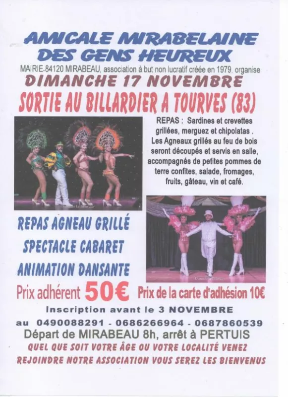 Sortie au Billardier-Repas et Spectacle Cabaret